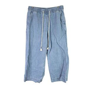 Womens Loft Blue Cropped Wide Leg Pants Elastic Waist Drawstring Cotton Blend M